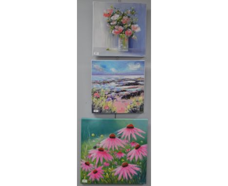 Angela Wilkie - "Fallen Leaf" and "Evening Glow, Boulmer", signed; with inscriptions on labels verso, acrylic on canvas, 40 x