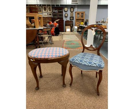 A Victorian walnut balloon back dining chair with serpentine seat rail on cabriole legs, together with a mahogany oval stool 