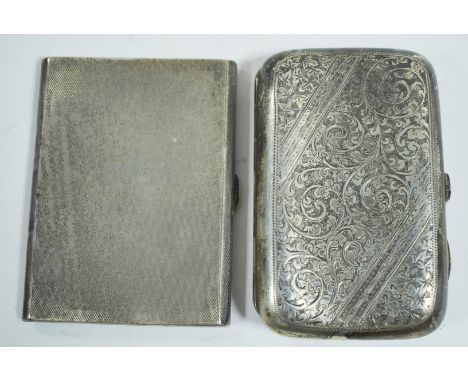 Two silver cigarette cases, one rectangular with engine turned decoration Birmingham 1941, the other with feather scroll engr