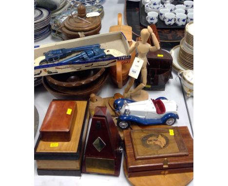 Treenware, to include: various boxes; bowls; butter pats; wooden framed hand mirrors; Linsden ware box; a Wittner metronome; 
