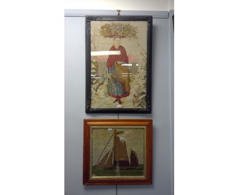 A framed tapestry of a flower gatherer; and a framed woolwork picture of a barge.
