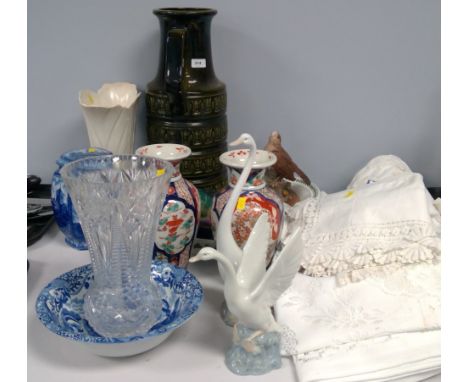 Mixed china, to include: Nao geese ornaments; a pair of Japanese Imari vases; a large West German vase; a Ringtons Maling gin