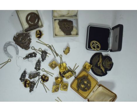 Military badges and buttons, the cap badges for Suffolk and Middlesex Regiments; an RAF cloth badge; lapel badges for Territo