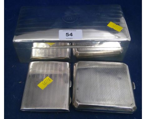 A silver mounted cigarette box, with engraved initials; together with two silver cigarette cases, engine turned with engraved