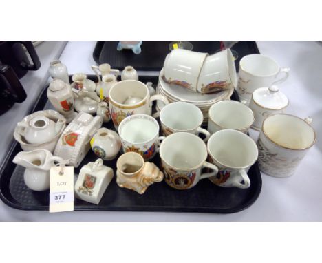 A tray of crested china including Arcadian WW1tank; Carlton urn; and Exceller vase; together with royal commemorative cups an