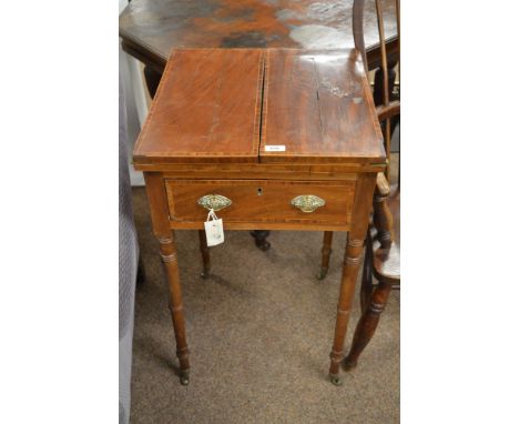 A late 19th century mahogany and rosewood banded card table, the two panelled hinged top enclosing a green baize playing surf