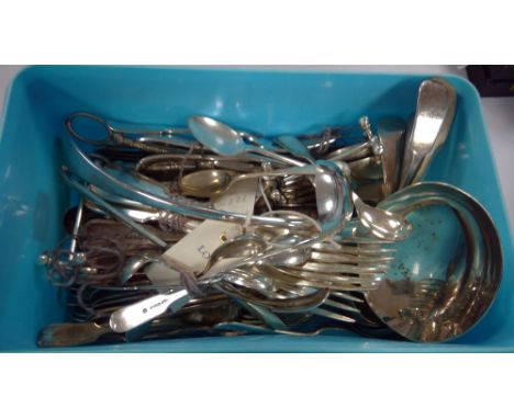A box of Silver plated cutlery, to include: knives, forks, spoons, ladle, and others.