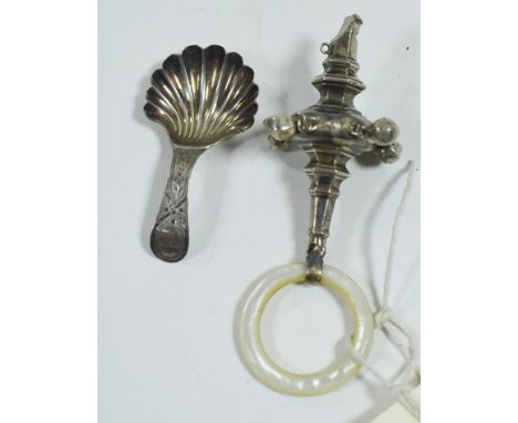 A silver caddy spoon by Peter and Anne Bateman; together with a silver child's whistle, fitted bells and mother-of-pearl teet