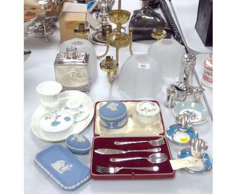 A silver on copper tea caddy; together with silver plate sugar caster and condiment set; two Royal Doulton egg cups; Wedgwood