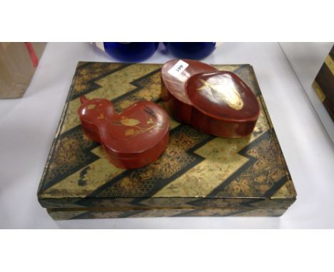 A Japanese laquer box containing smaller playing card boxes; together with two small laquer boxes with fish and bird decorati
