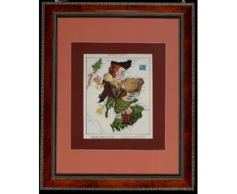 Humerous lithograph of Scotland with paperback book depicting same image, by Vincent Brooks, in large wooden and gilt frame, 