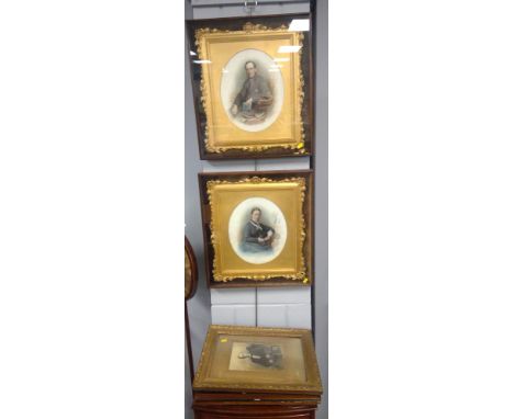 A pair of Victorian ornate flower and ribbon gilt framed portraits on porcelain, signed A. Boucher, in glazed cases; together
