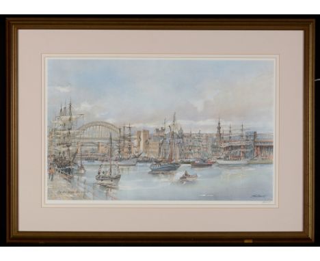 Tom MacDonald, Tall ships Newcastle, signed print, framed, 63 x 41cms high.