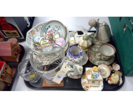 A tray of mixed china and glassware, to include: Limoges and other pill boxes; Coalport pastille burner 'The Summer House'; L