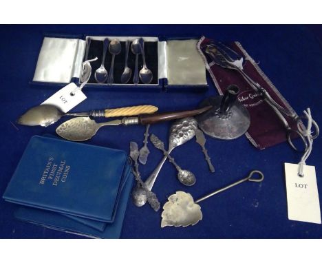 A set of six silver coffee spoons, by Turner &amp; Simpson, Birmingham 1963, cased; together with plated items including: can