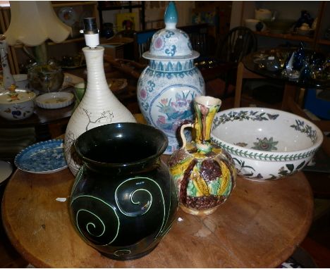 Six various large pottery pieces inc. Kanakalee jugs and a studio pottery lamp base