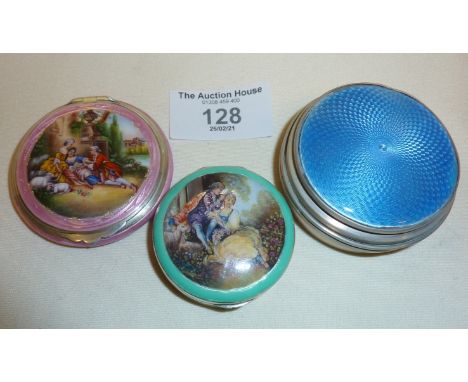 Three silver and enamel boxes - a blue guilloche enamel trinket box with rubbed hallmarks; a pink guilloche enamel compact wi