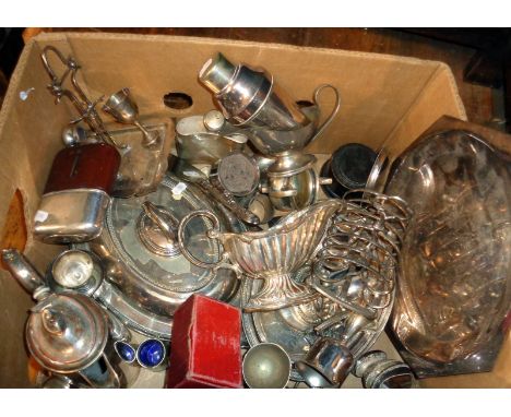 Box of silver-plate and metalware, inc. hip flask, cocktail shaker, and cake slice with silver handle