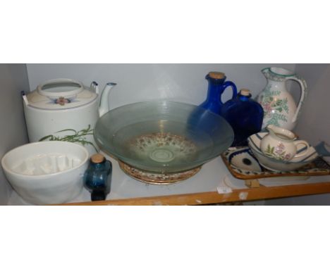 Shelf of assorted pottery and glass, inc. large glass salad bowl etc.