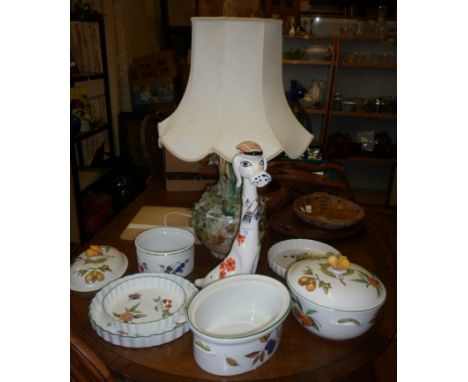 1960's Italian retro ceramic dog decanter, Royal Worcester Evesham tureens, flan dishes and a large pottery table lamp