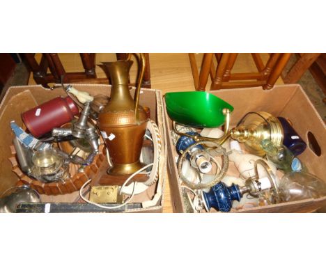 Large quantity in two boxes of assorted items of metalware and lamps, including a banker's desk lamp with green glass shade.