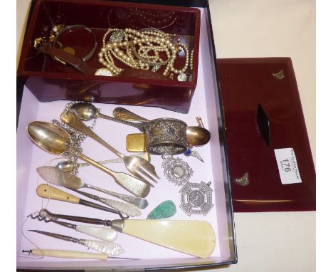 Hallmarked silver spoons, fob medals, silver chain, bracelets, manicure tools, with Art Deco plastic? jewellery box and conte