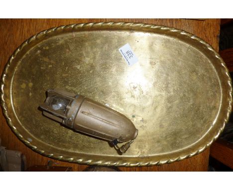 Erik Jonssons of Sweden handmade brass tray, and a 1950's Lucas mechanics inspection lamp