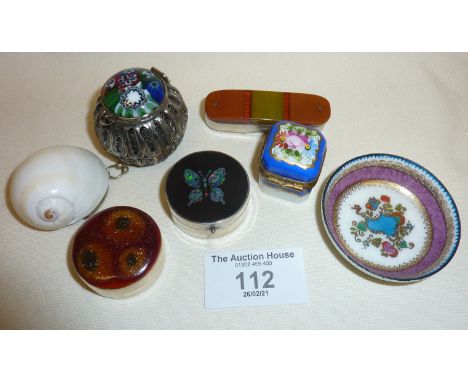 Six small pill or trinket boxes, some silver and one with catalin lid, Austrian miniature enamel dish, etc.