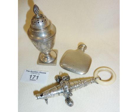 Chester hallmarked baby's rattle with teething ring and integral whistle (one bell missing). Adams style engraved silver poun