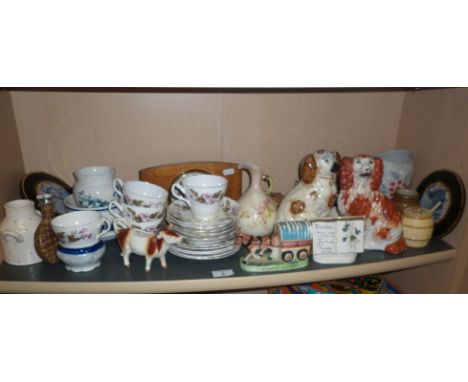 Shelf of assorted china and Staffordshire dogs