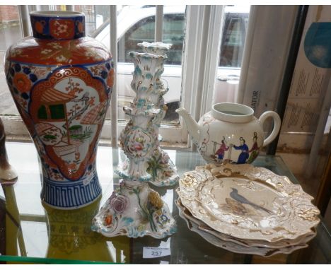 Chinese porcelain teapot (no lid and repaired), Victorian plates painted with birds, and a pair of 19th c. ornate candlestick