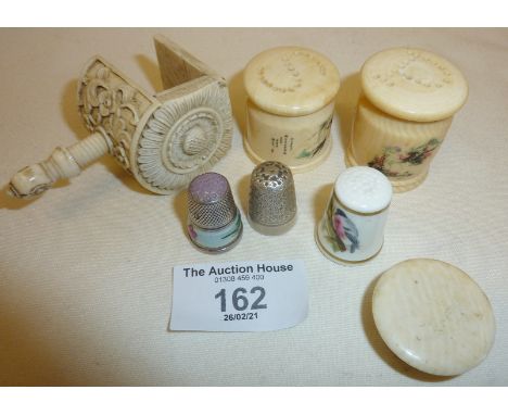 Cantonese carved sewing clamp, thimbles, inc. silver enamel, and a Chinese bone cruet set