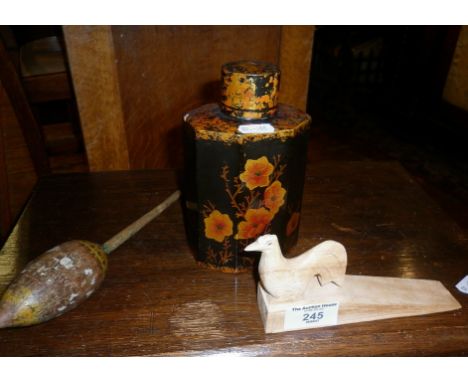 Oriental lacquered tea caddy and a painted wood Indian rattle