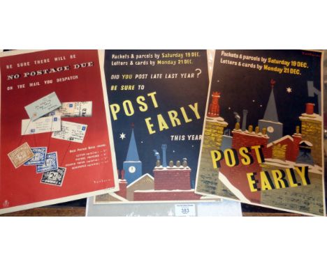 Arthur Barbosa (1968-1995) Post Early, and two other vintage coloured posters for the GPO, each 14.75" x 10", circa 1950's