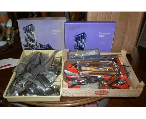 Two trays of assorted vintage stainless steel cutlery, inc. Viners Executive Suite and Profile, and other Sheffield makes