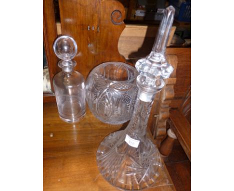 Large cut glass Ship's decanter, a Wedgwood glass decanter etched with St. Paul's Cathedral and a large vase