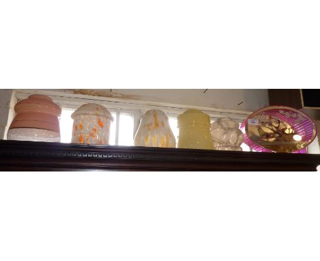 Kitsch Japanese bird diorama with five Art Deco glass light shades