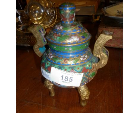 Chinese Cloisonné two-handled censer with cover and tripod gilt metal legs