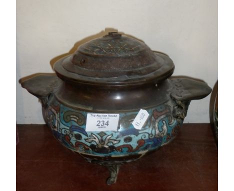 Large Chinese Cloisonné lidded censer with handles on tripod feet (A/F)