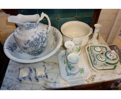 Victorian jug and basin, two part dressing table sets and two Copeland flower pots