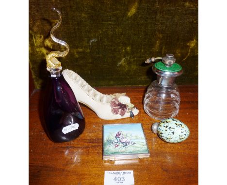 Enamel topped glass scent atomiser, small egg shaped perfume bottle and a compact, and two other items