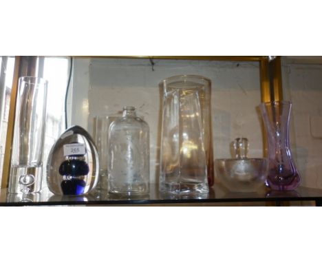 Shelf of Art Glass, inc. amethyst Caithness vase engraved with a thistle, vintage large glass dump paperweight, etc.