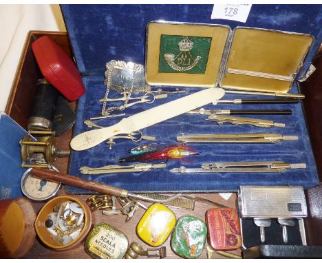 Draughtsman's set, Gramophone needle tins and contents, desktop items, letter opener, compass, cufflinks, Durham Light Infant