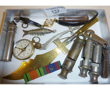 Old whistles - Acme Referees and The City, Timex wrist watch, military buttons, trench art, paper knife, etc.
