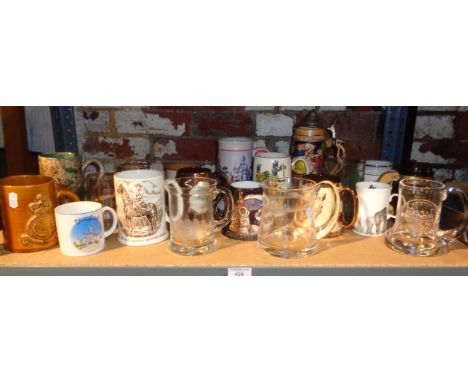 Shelf of assorted pottery and glass tankards