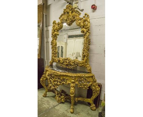 ROCOCO STYLE CONSOLE TABLE AND MIRROR, giltwood with marble top, 160cm x 60cm x 270cm.