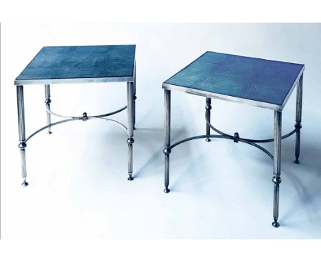 LAMP TABLES, a pair, Julian Chichester style square silvered metal with faux crocodile real leather and X frame stretchered s