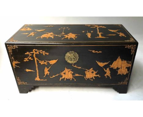 CHINESE TRUNK, early 20th century camphorwood and ebonised with allover applied carved figures with rising lid, 94cm x 46cm x