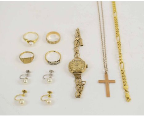 QUANTITY OF JEWELLERY, a small diamond five stone ring, a 9 carat gold wrist watch and various cultured pearl earstuds and th