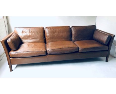 SOFA, 1970's Danish Mogensen hand finished and stitched mid brown leather with three seat cushions, 220cm W.